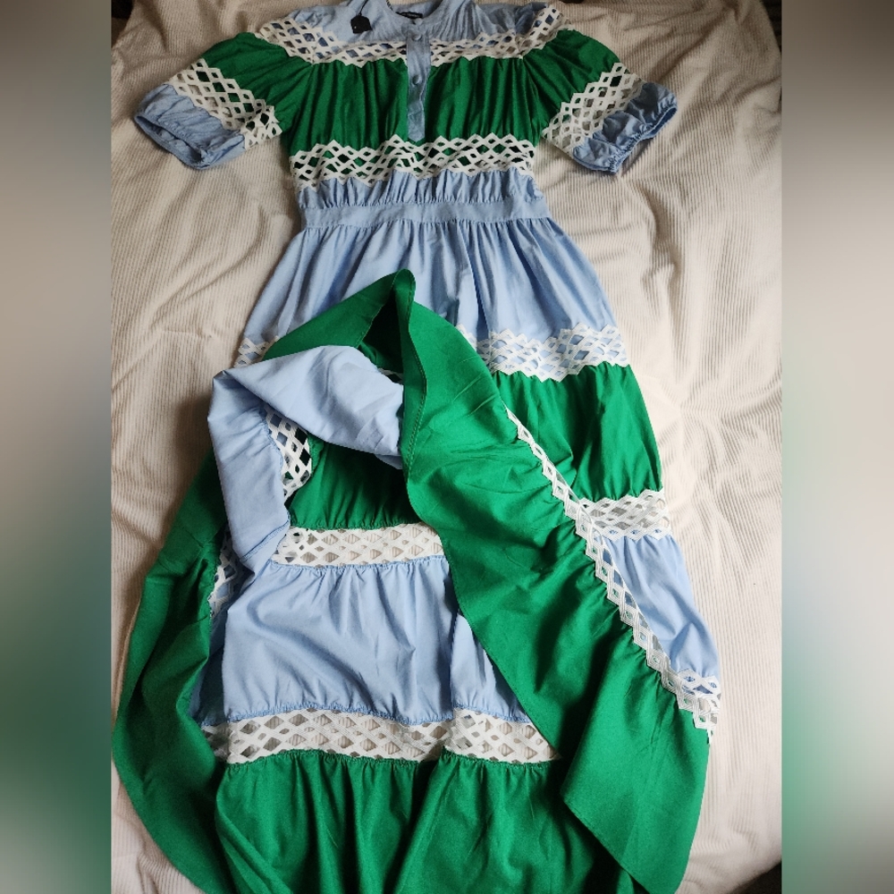 Dolce Squa BLUE & GREEN COLOR BLOCK MAXI WITH WHITE TRIMMINGSsz L - Picture 10 of 15